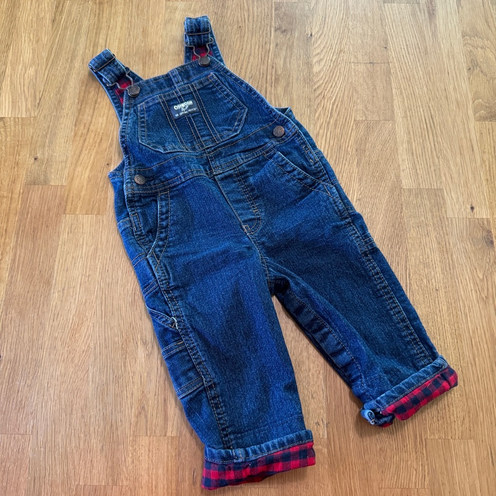 OshKosh B'Gosh 18 MONTHS Denim Vestbak Denim Overalls Plaid Cuffs